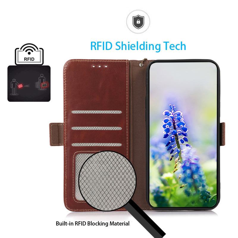 For Xiaomi Redmi Note 13R Pro 5G Genuine Cow Leather Case RFID Blocking Wallet Cover - Brown