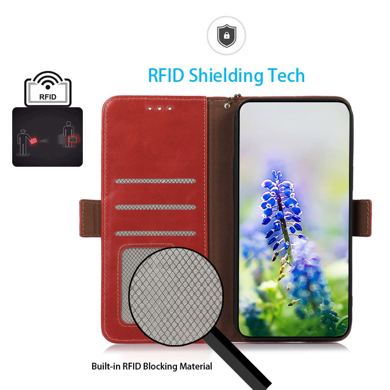 For Xiaomi Redmi Note 13R Pro 5G Genuine Cow Leather Case RFID Blocking Wallet Cover - Red