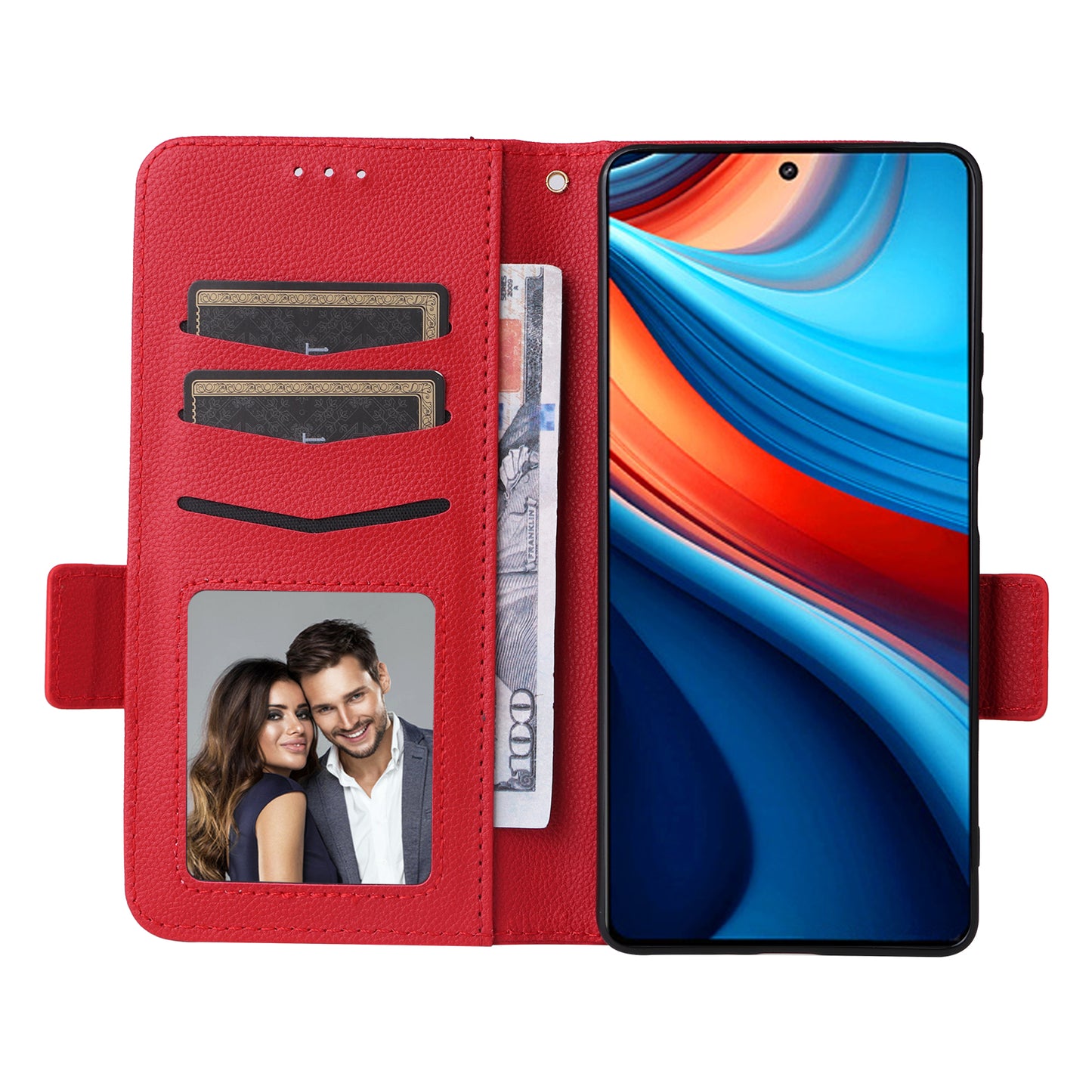For Xiaomi Redmi Note 13R Pro 5G Phone Case PU Leather Card Slots Magnetic Closure Cover Full Protection - Red