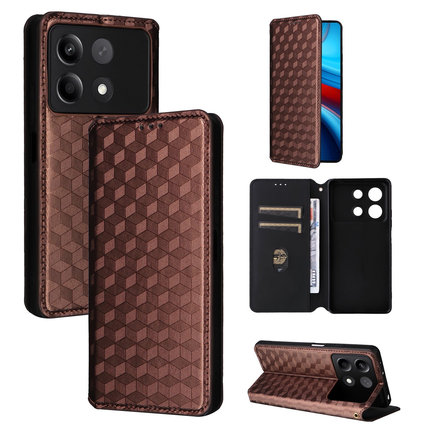 For Xiaomi Redmi Note 13R Pro 5G Cell Phone Case Stand Anti-Scratch Mobile Phone Cover - Brown