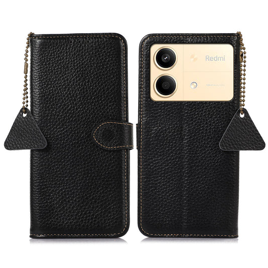 For Xiaomi Redmi Note 13R Pro 5G Genuine Cow Leather Phone Case with Card Slots - Black