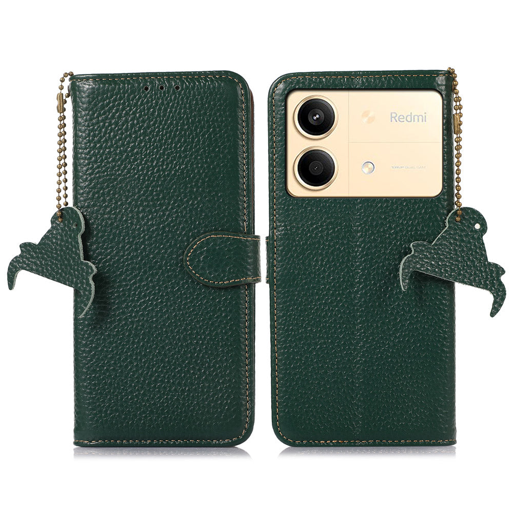 For Xiaomi Redmi Note 13R Pro 5G Genuine Cow Leather Phone Case with Card Slots - Green