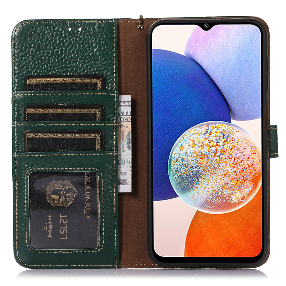 For Xiaomi Redmi Note 13R Pro 5G Genuine Cow Leather Phone Case with Card Slots - Green