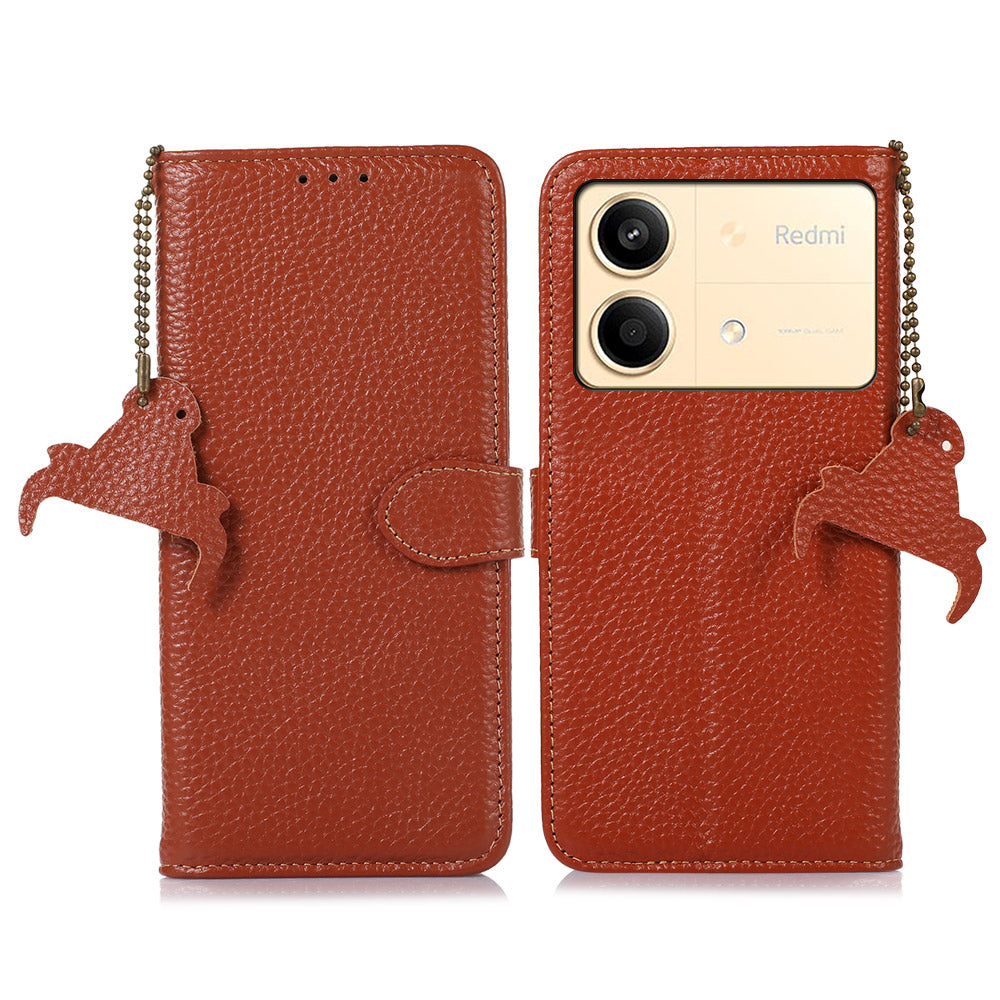 For Xiaomi Redmi Note 13R Pro 5G Genuine Cow Leather Phone Case with Card Slots - Brown
