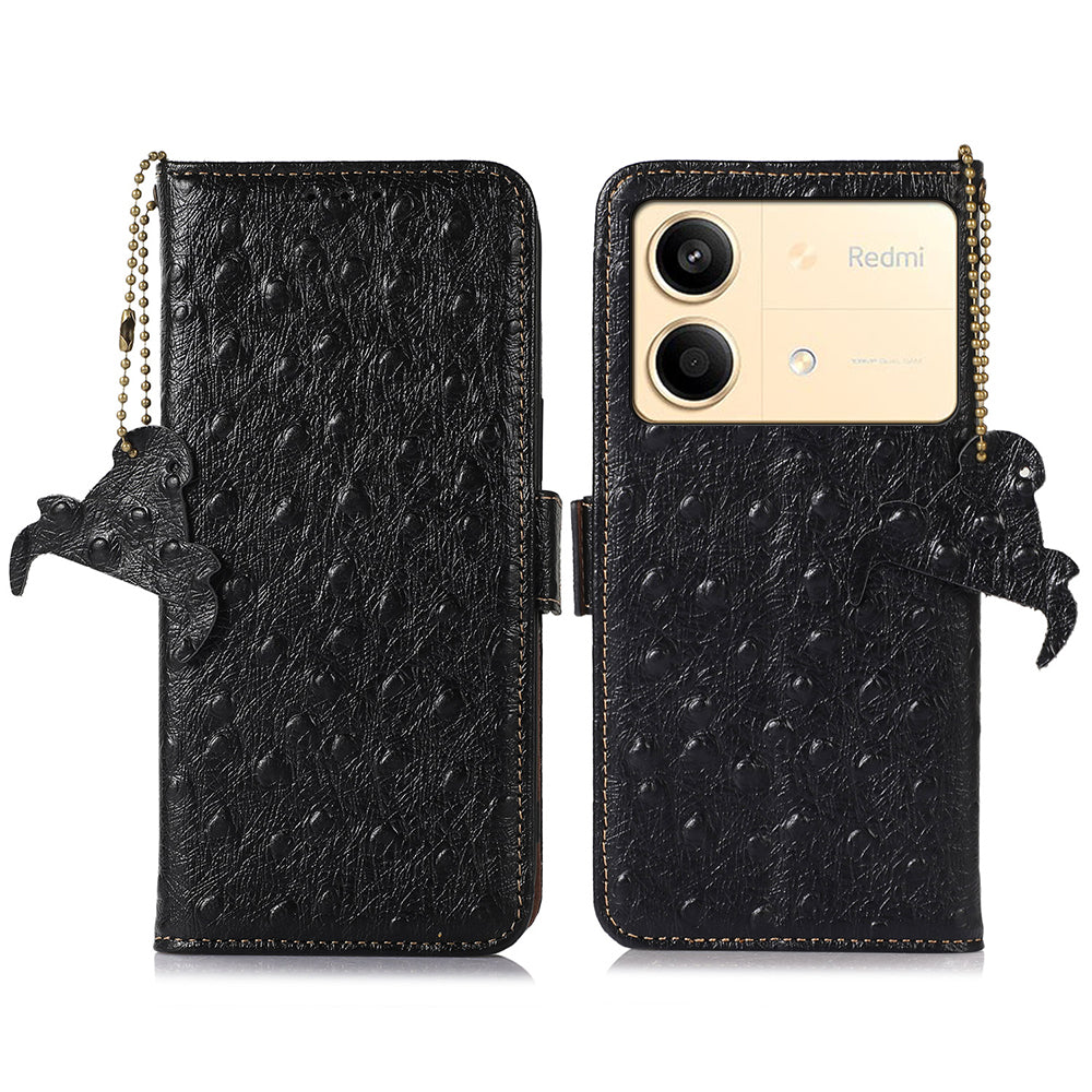 For Xiaomi Redmi Note 13R Pro 5G Wallet Case RFID Blocking Genuine Cow Leather Cover - Black
