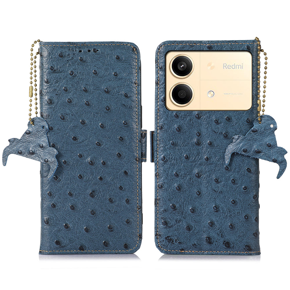 For Xiaomi Redmi Note 13R Pro 5G Wallet Case RFID Blocking Genuine Cow Leather Cover - Blue