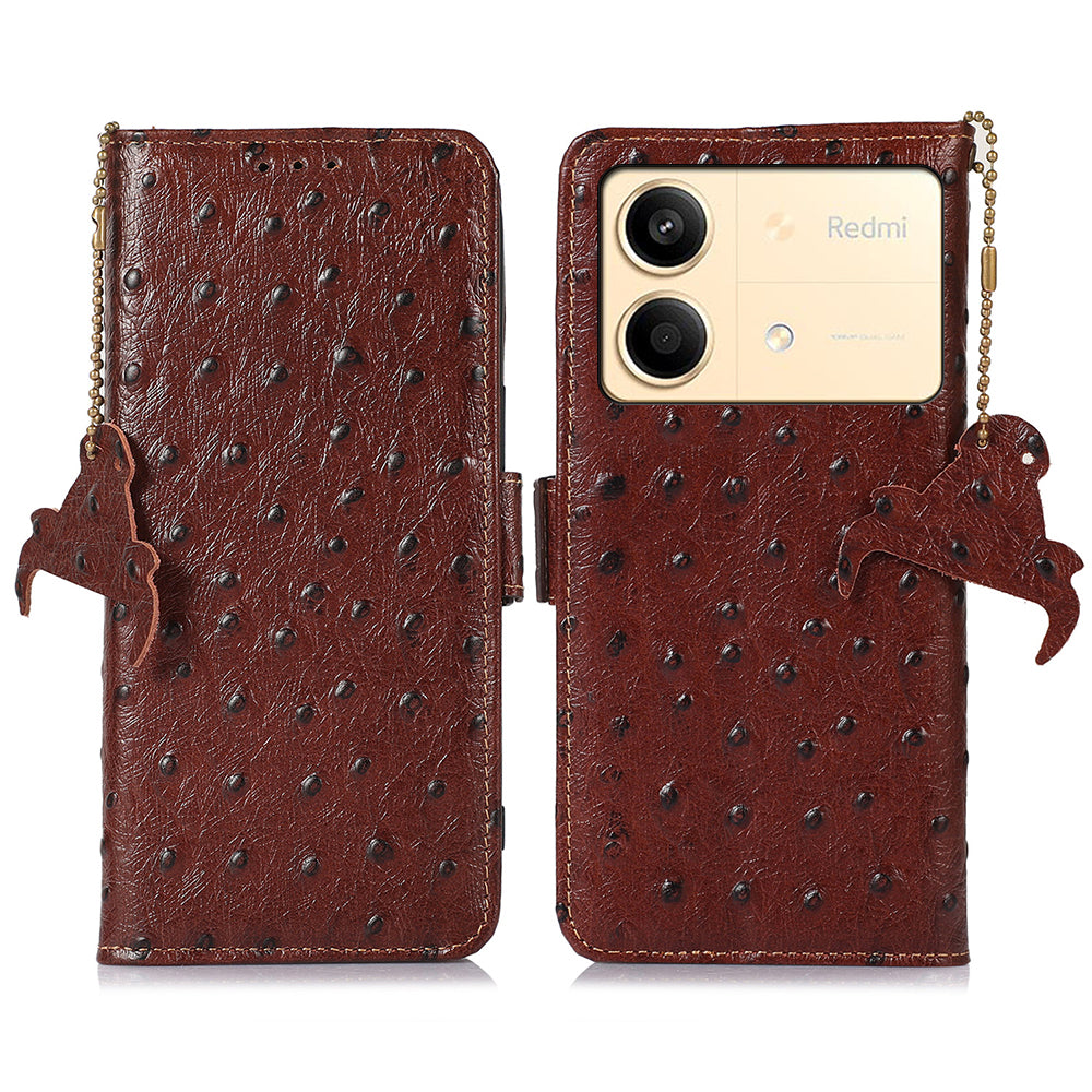 For Xiaomi Redmi Note 13R Pro 5G Wallet Case RFID Blocking Genuine Cow Leather Cover - Coffee