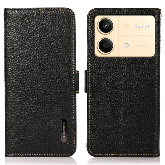KHAZNEH For Xiaomi Redmi Note 13R Pro 5G Genuine Cow Leather Case RFID Blocking Protection Phone Cover - Black