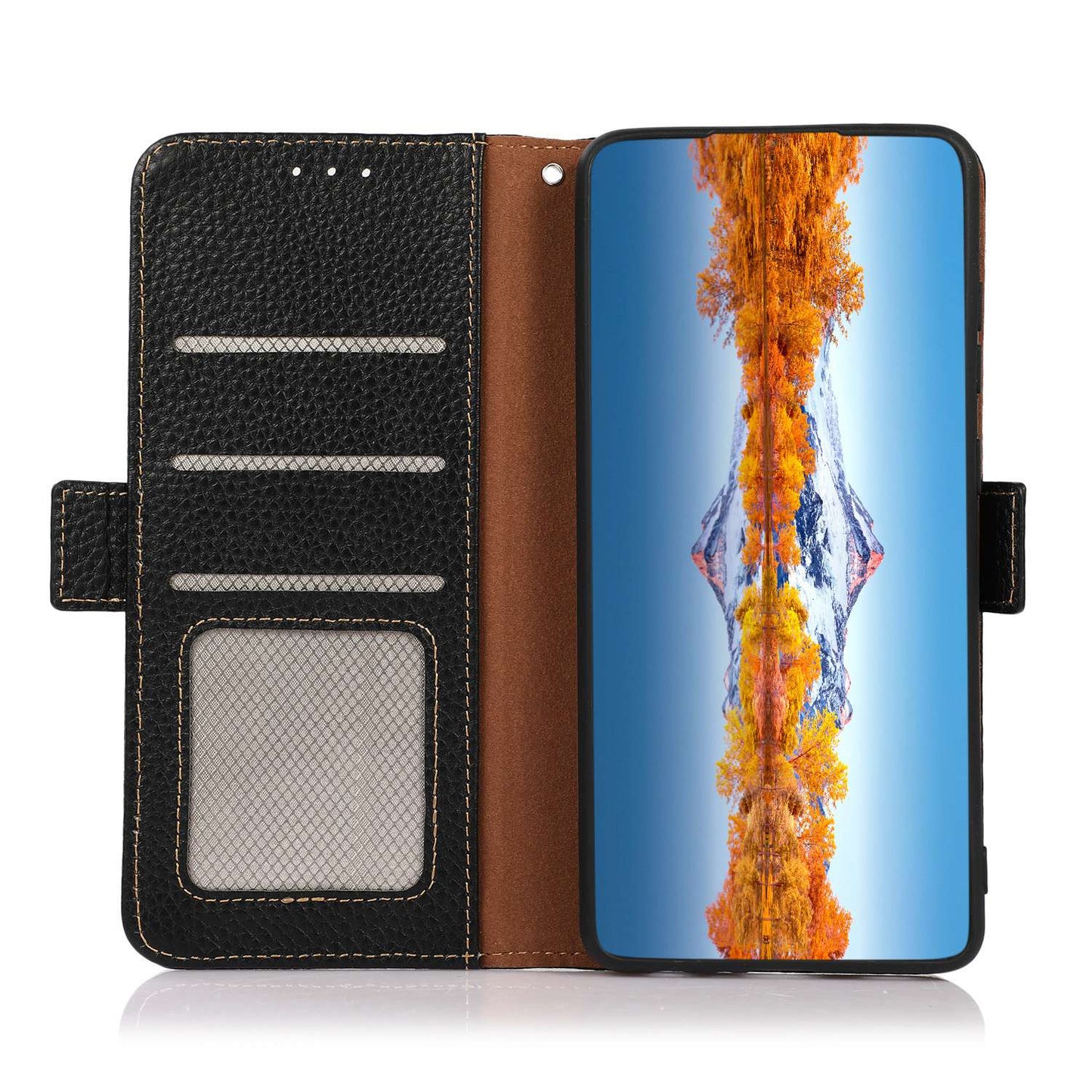 KHAZNEH For Xiaomi Redmi Note 13R Pro 5G Genuine Cow Leather Case RFID Blocking Protection Phone Cover - Black