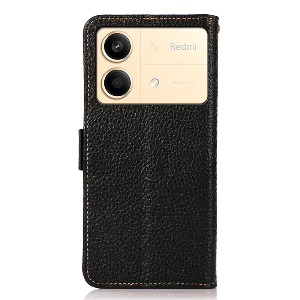 KHAZNEH For Xiaomi Redmi Note 13R Pro 5G Genuine Cow Leather Case RFID Blocking Protection Phone Cover - Black