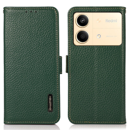 KHAZNEH For Xiaomi Redmi Note 13R Pro 5G Genuine Cow Leather Case RFID Blocking Protection Phone Cover - Green
