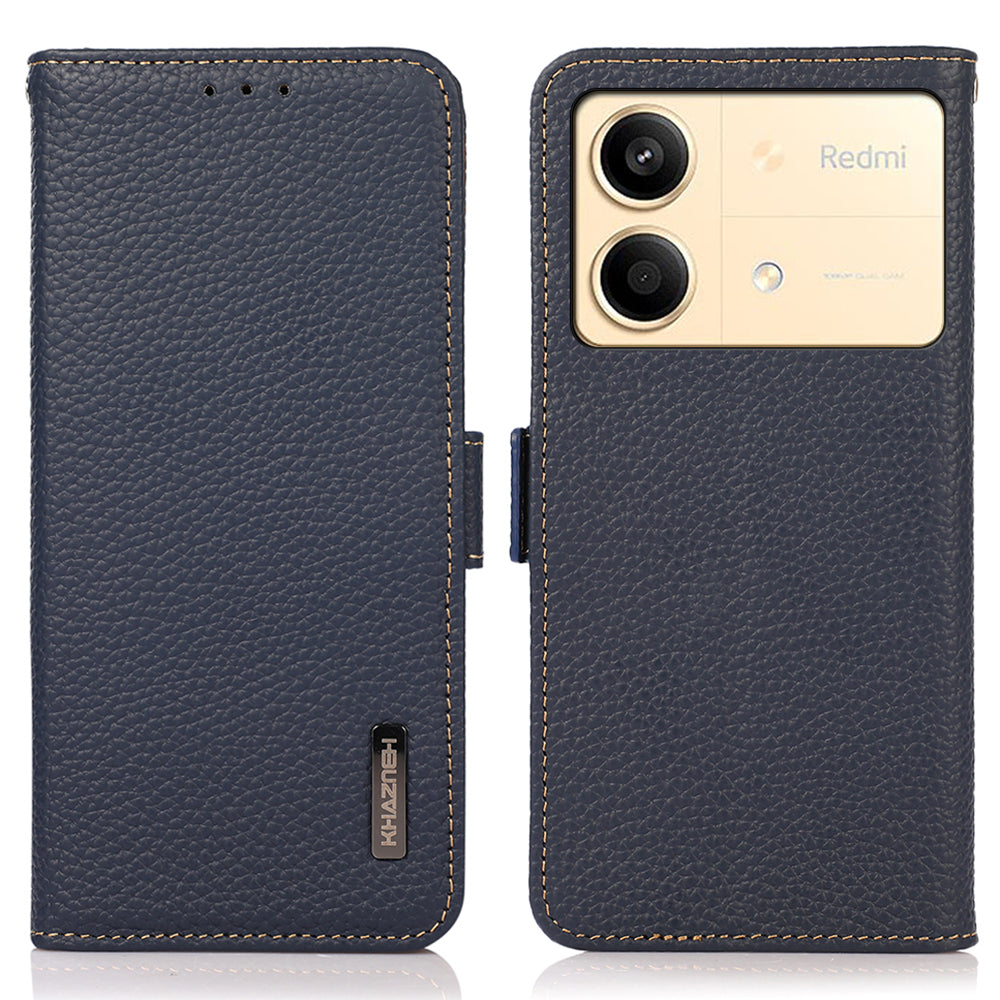 KHAZNEH For Xiaomi Redmi Note 13R Pro 5G Genuine Cow Leather Case RFID Blocking Protection Phone Cover - Blue
