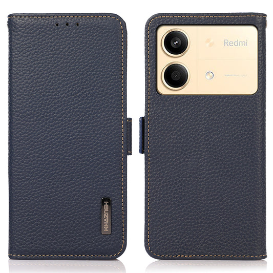 KHAZNEH For Xiaomi Redmi Note 13R Pro 5G Genuine Cow Leather Case RFID Blocking Protection Phone Cover - Blue
