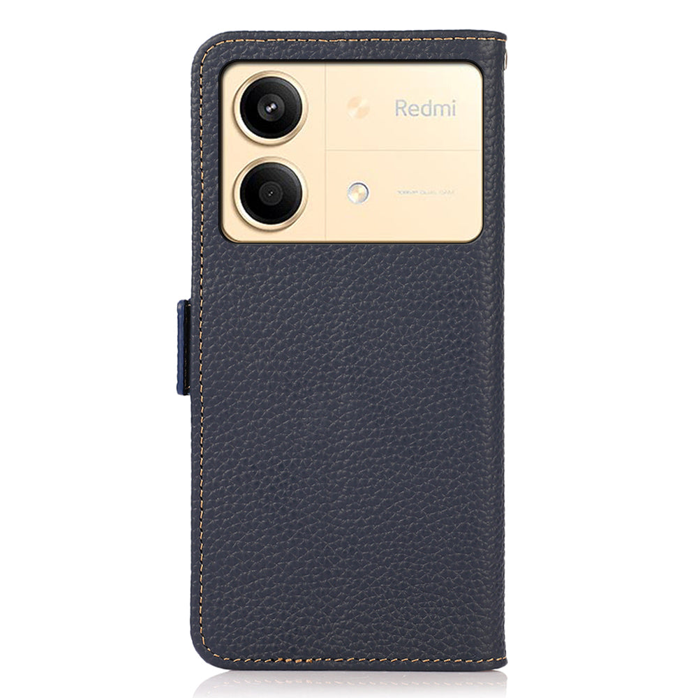 KHAZNEH For Xiaomi Redmi Note 13R Pro 5G Genuine Cow Leather Case RFID Blocking Protection Phone Cover - Blue