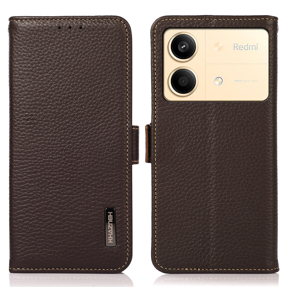 KHAZNEH For Xiaomi Redmi Note 13R Pro 5G Genuine Cow Leather Case RFID Blocking Protection Phone Cover - Brown