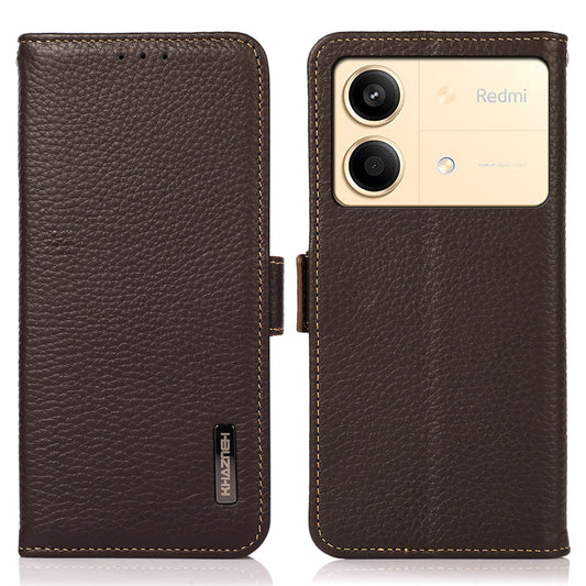 KHAZNEH For Xiaomi Redmi Note 13R Pro 5G Genuine Cow Leather Case RFID Blocking Protection Phone Cover - Brown