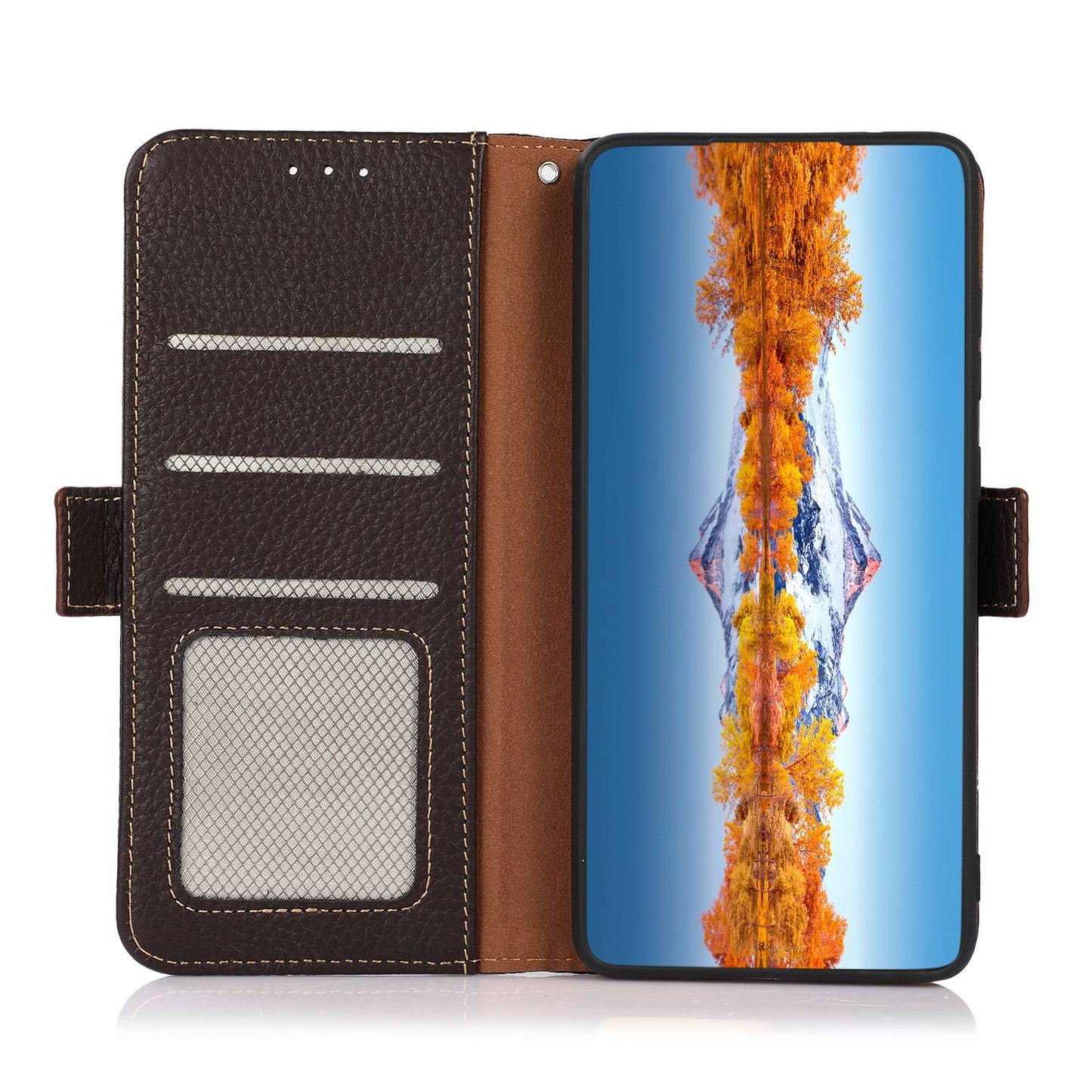 KHAZNEH For Xiaomi Redmi Note 13R Pro 5G Genuine Cow Leather Case RFID Blocking Protection Phone Cover - Brown