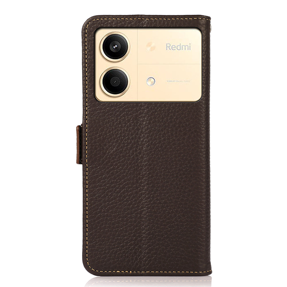 KHAZNEH For Xiaomi Redmi Note 13R Pro 5G Genuine Cow Leather Case RFID Blocking Protection Phone Cover - Brown