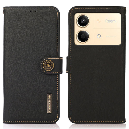 KHAZNEH For Xiaomi Redmi Note 13R Pro 5G Genuine Cow Leather Phone Case RFID Blocking Card Slots Cover - Black