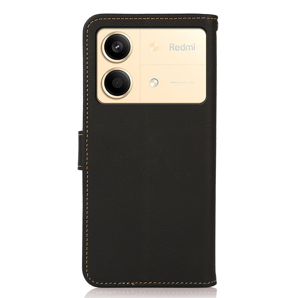 KHAZNEH For Xiaomi Redmi Note 13R Pro 5G Genuine Cow Leather Phone Case RFID Blocking Card Slots Cover - Black