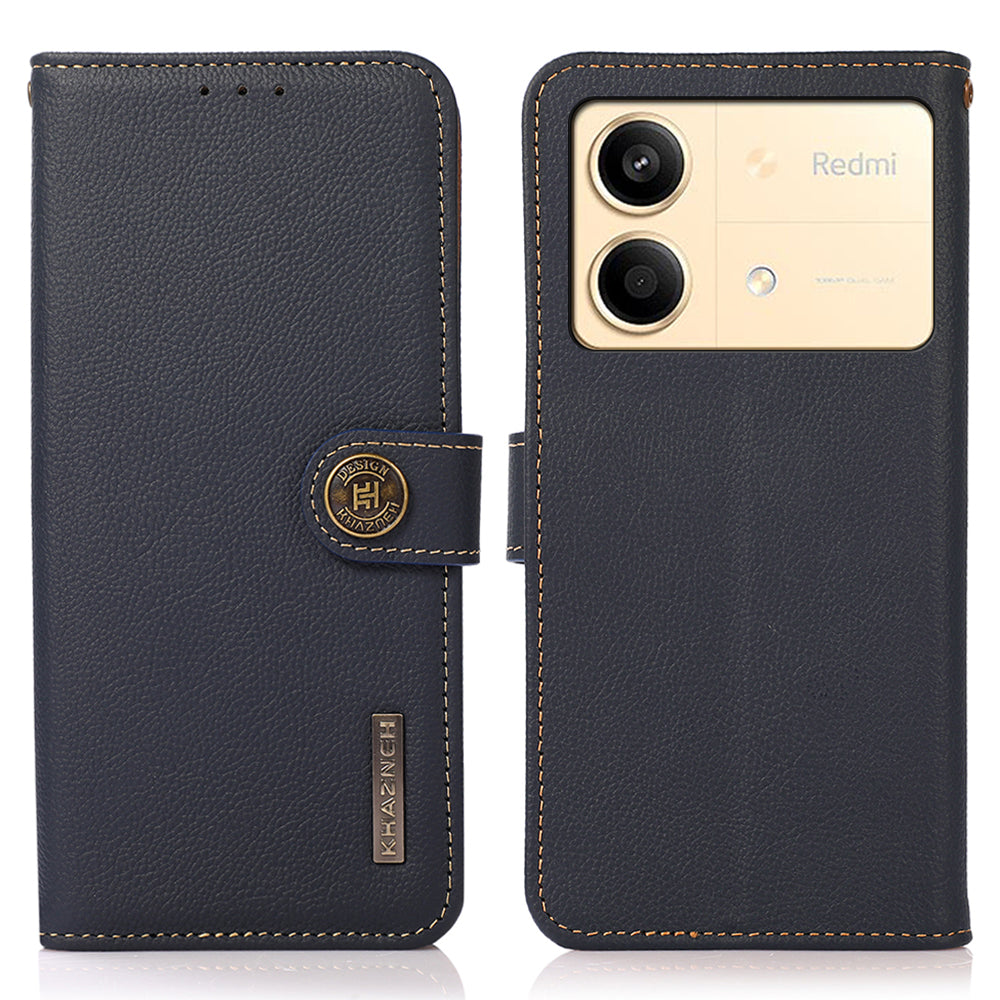 KHAZNEH For Xiaomi Redmi Note 13R Pro 5G Genuine Cow Leather Phone Case RFID Blocking Card Slots Cover - Blue