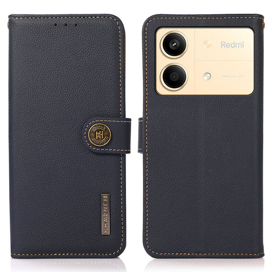 KHAZNEH For Xiaomi Redmi Note 13R Pro 5G Genuine Cow Leather Phone Case RFID Blocking Card Slots Cover - Blue