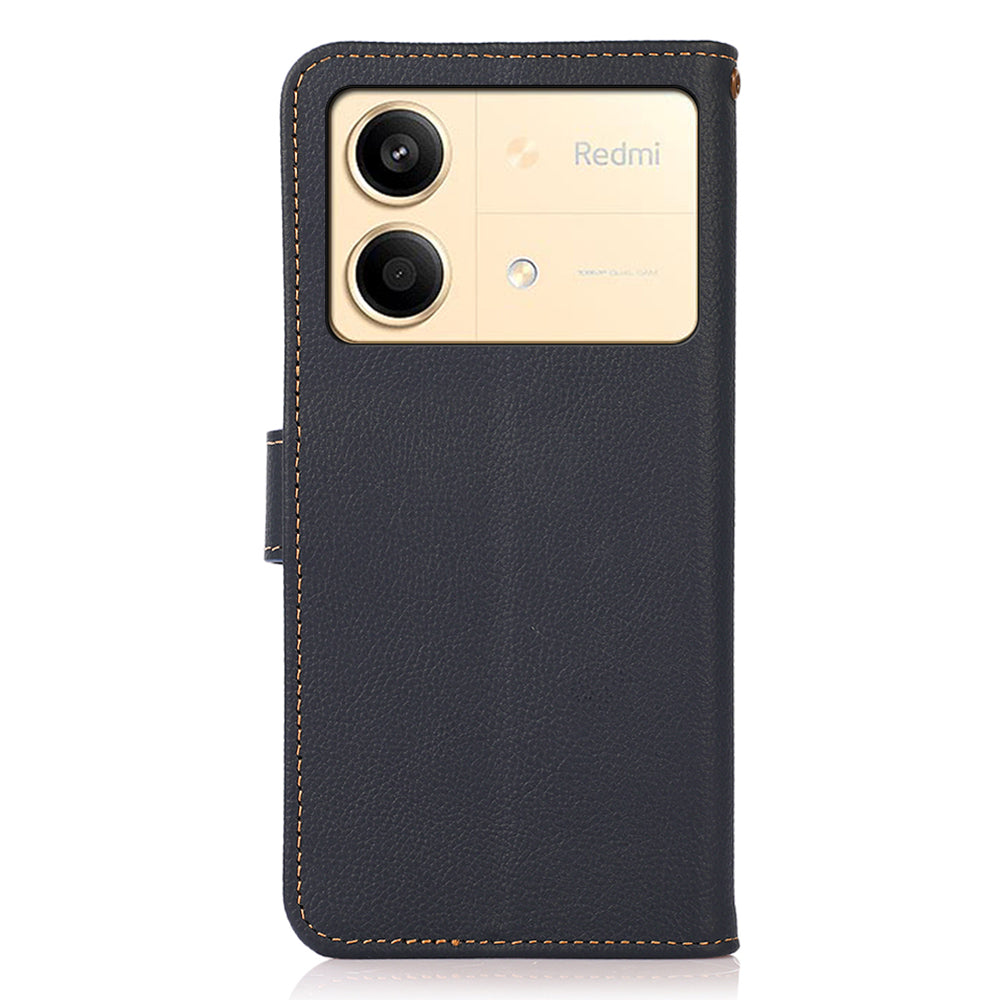 KHAZNEH For Xiaomi Redmi Note 13R Pro 5G Genuine Cow Leather Phone Case RFID Blocking Card Slots Cover - Blue