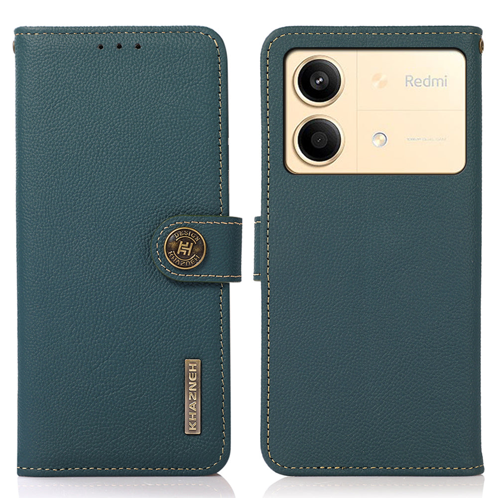 KHAZNEH For Xiaomi Redmi Note 13R Pro 5G Genuine Cow Leather Phone Case RFID Blocking Card Slots Cover - Green