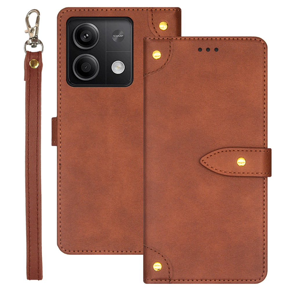 IDEWEI For Xiaomi Redmi Note 13 5G Phone Cover Stand Leather Case with Wrist Strap - Brown