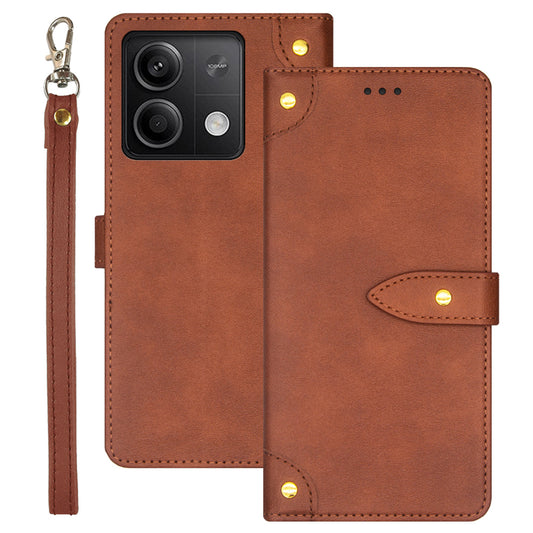 IDEWEI For Xiaomi Redmi Note 13 5G Phone Cover Stand Leather Case with Wrist Strap - Brown