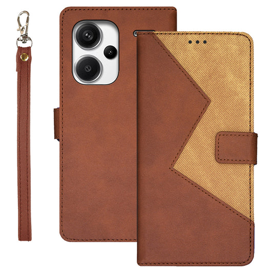 IDEWEI For Xiaomi Redmi Note 13 Pro+ 5G Case Color Splicing Leather Cover with Hand Strap - Brown