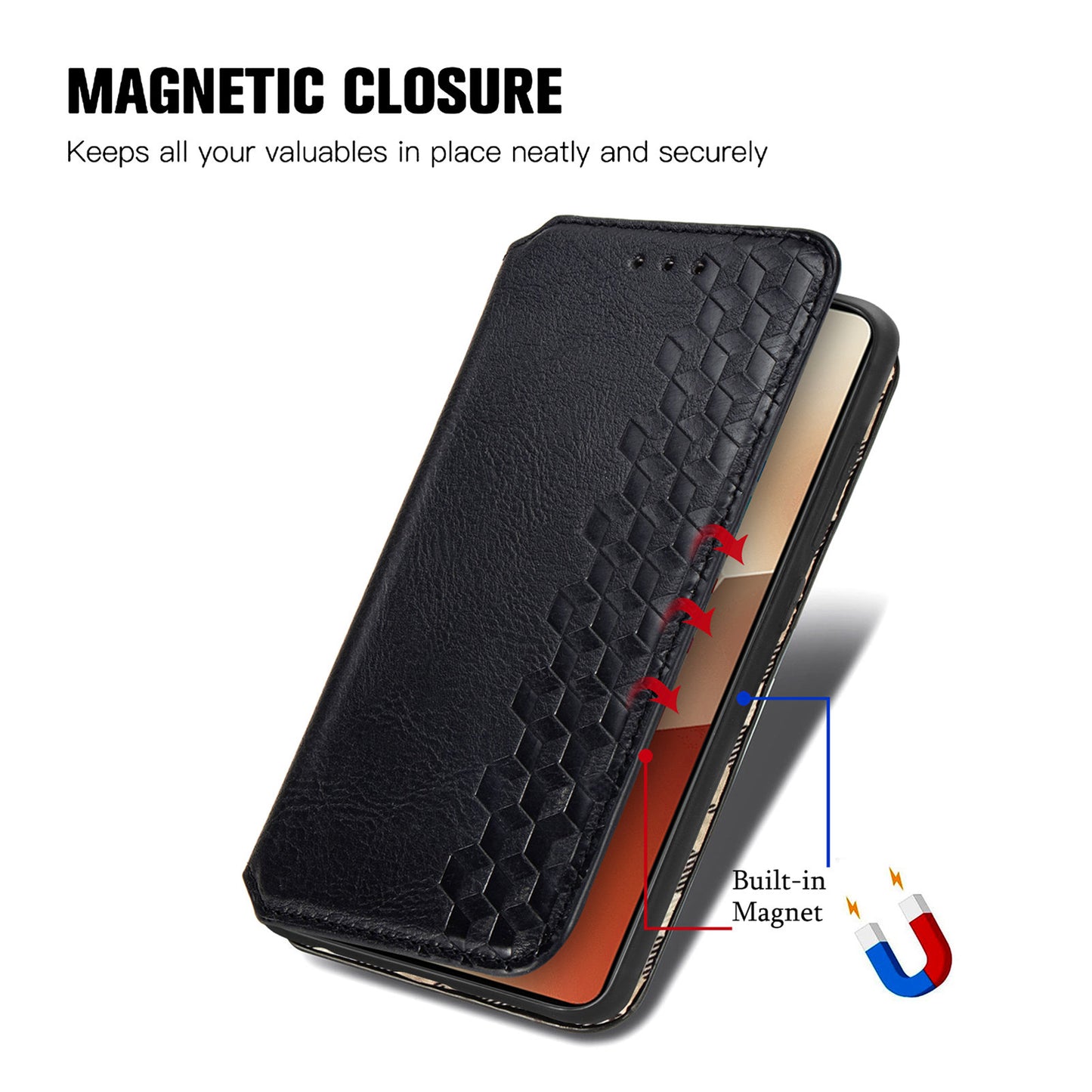 For Xiaomi Redmi Note 13 Pro 5G / Poco X6 5G Magnetic Case Card Holder Rhombus Imprinted Phone Cover - Black