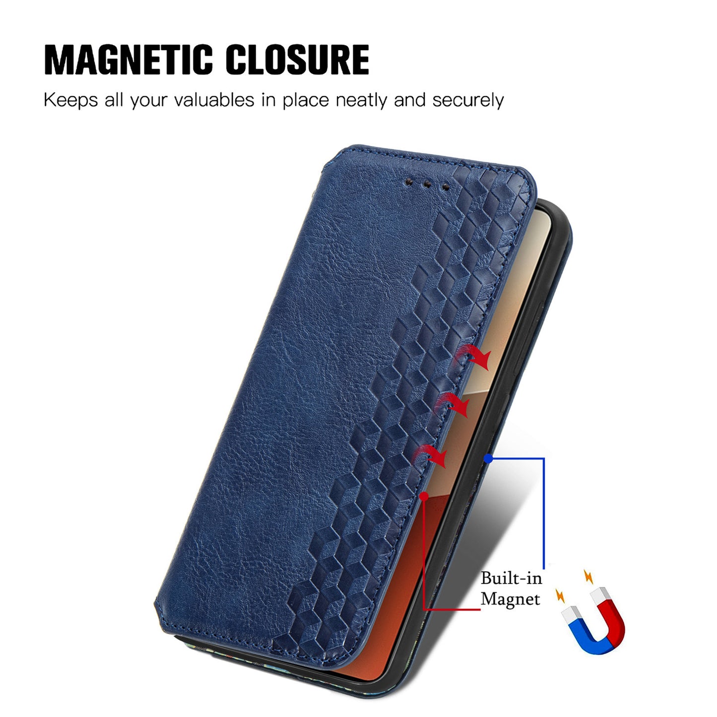 For Xiaomi Redmi Note 13 Pro 5G / Poco X6 5G Magnetic Case Card Holder Rhombus Imprinted Phone Cover - Blue