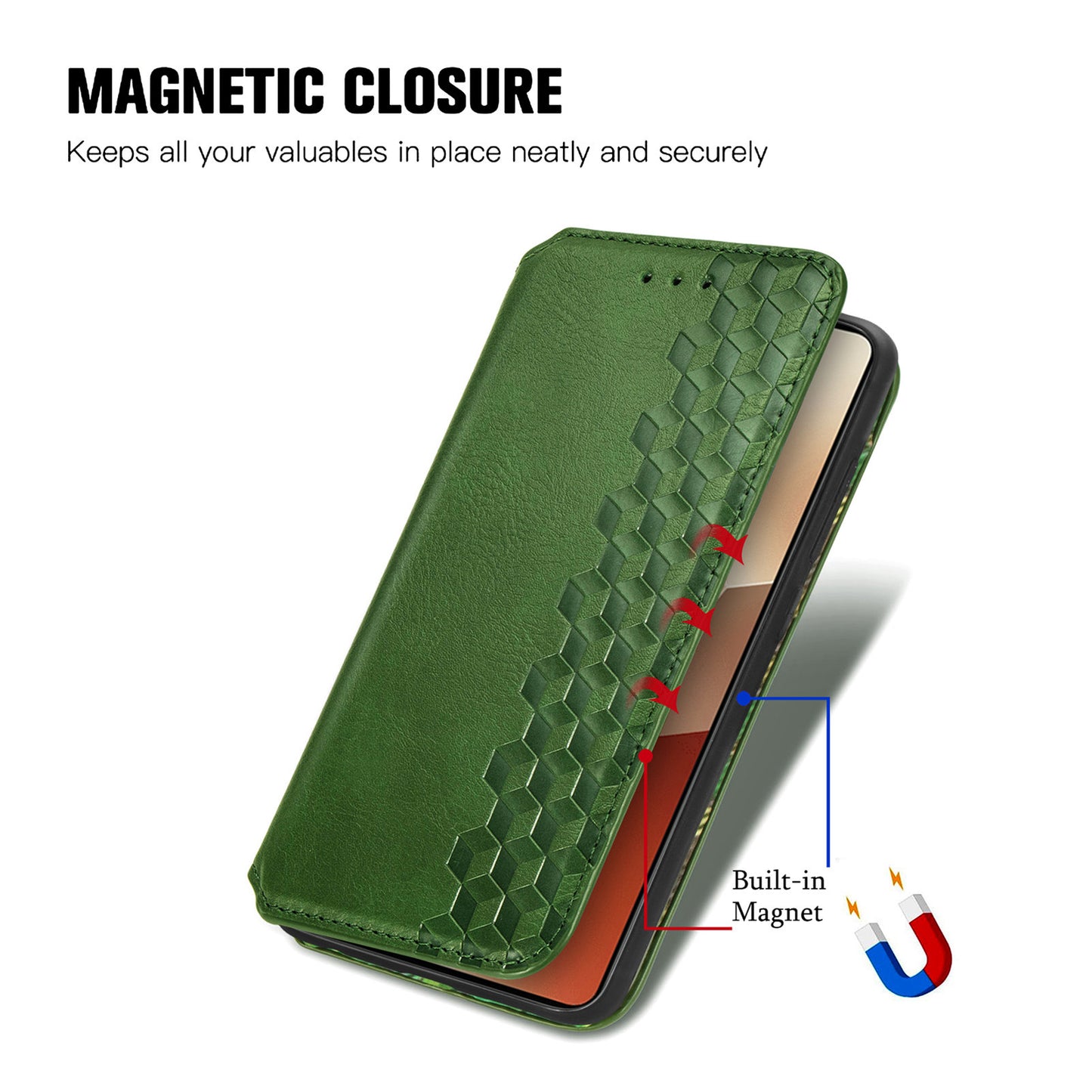 For Xiaomi Redmi Note 13 Pro 5G / Poco X6 5G Magnetic Case Card Holder Rhombus Imprinted Phone Cover - Green