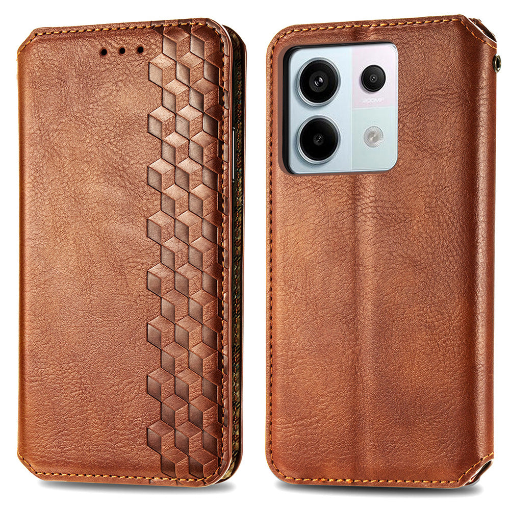 For Xiaomi Redmi Note 13 Pro 5G / Poco X6 5G Magnetic Case Card Holder Rhombus Imprinted Phone Cover - Brown