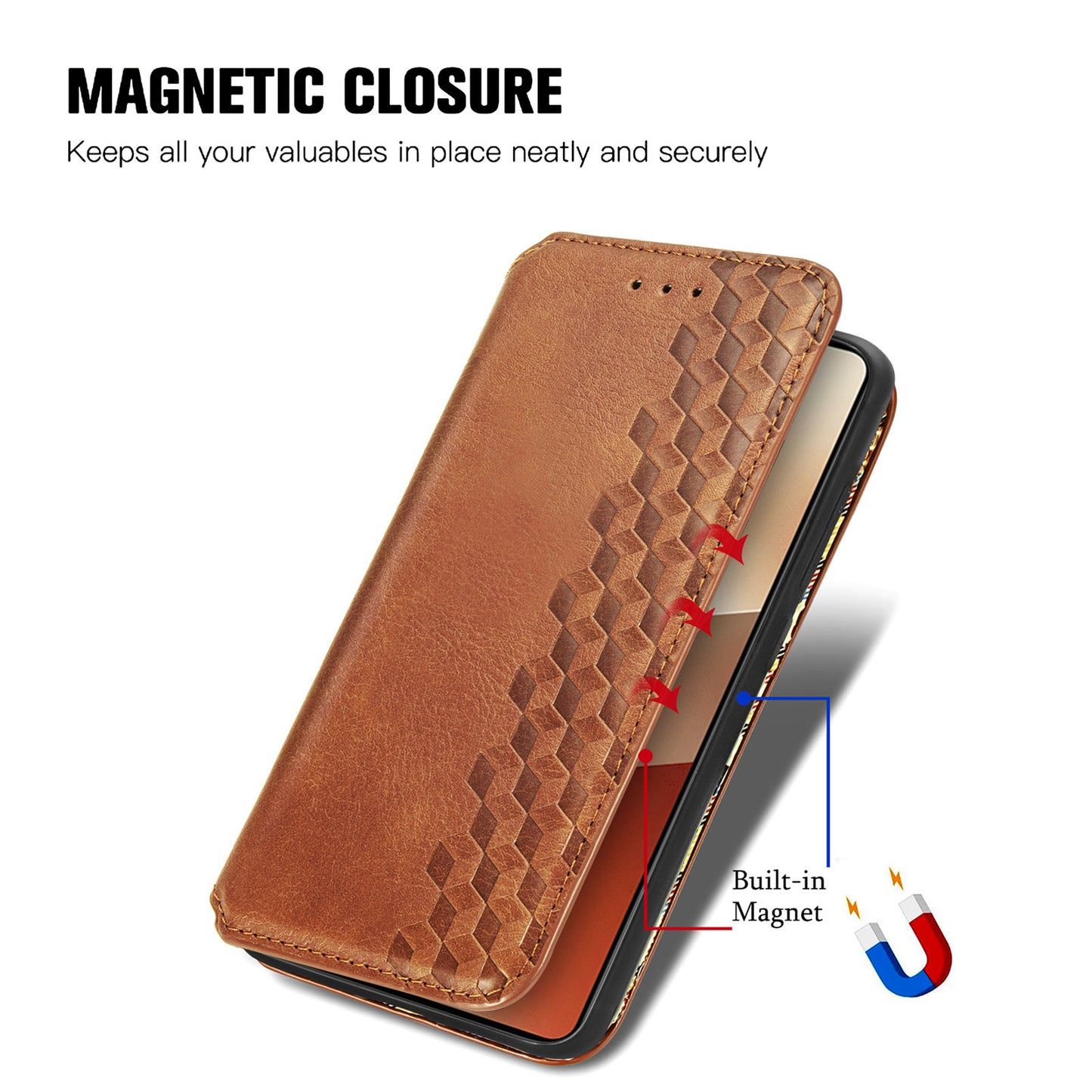 For Xiaomi Redmi Note 13 Pro 5G / Poco X6 5G Magnetic Case Card Holder Rhombus Imprinted Phone Cover - Brown