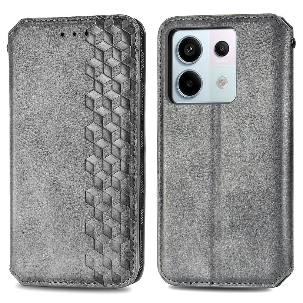 For Xiaomi Redmi Note 13 Pro 5G / Poco X6 5G Magnetic Case Card Holder Rhombus Imprinted Phone Cover - Grey