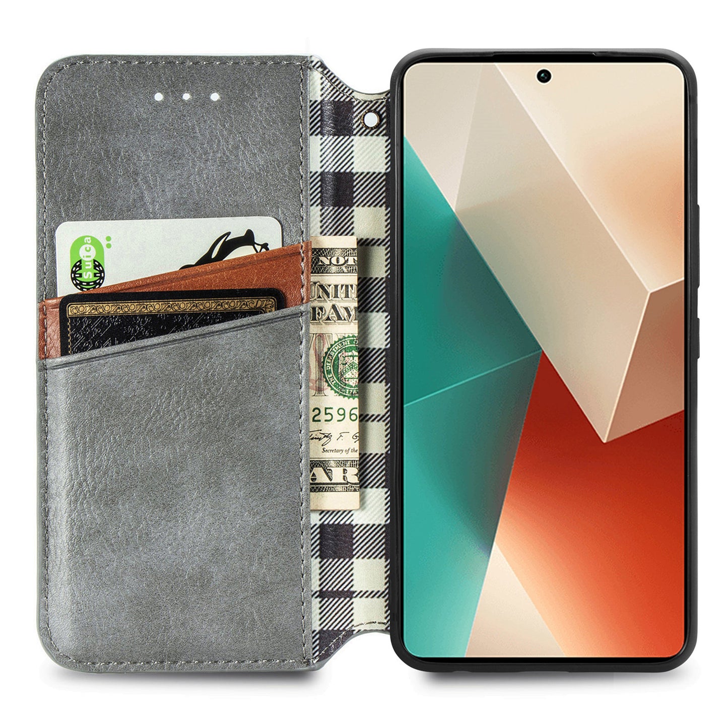 For Xiaomi Redmi Note 13 Pro 5G / Poco X6 5G Magnetic Case Card Holder Rhombus Imprinted Phone Cover - Grey
