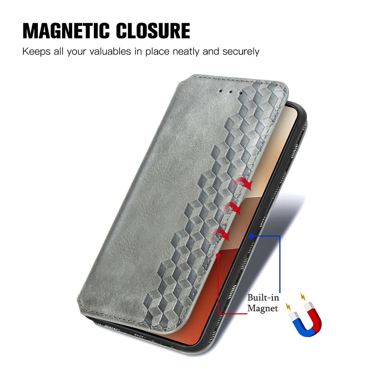 For Xiaomi Redmi Note 13 Pro 5G / Poco X6 5G Magnetic Case Card Holder Rhombus Imprinted Phone Cover - Grey