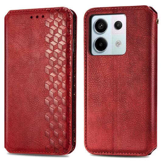For Xiaomi Redmi Note 13 Pro 5G / Poco X6 5G Magnetic Case Card Holder Rhombus Imprinted Phone Cover - Red
