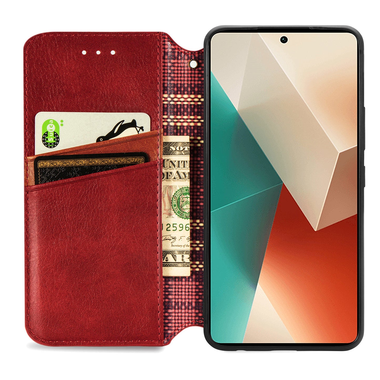 For Xiaomi Redmi Note 13 Pro 5G / Poco X6 5G Magnetic Case Card Holder Rhombus Imprinted Phone Cover - Red