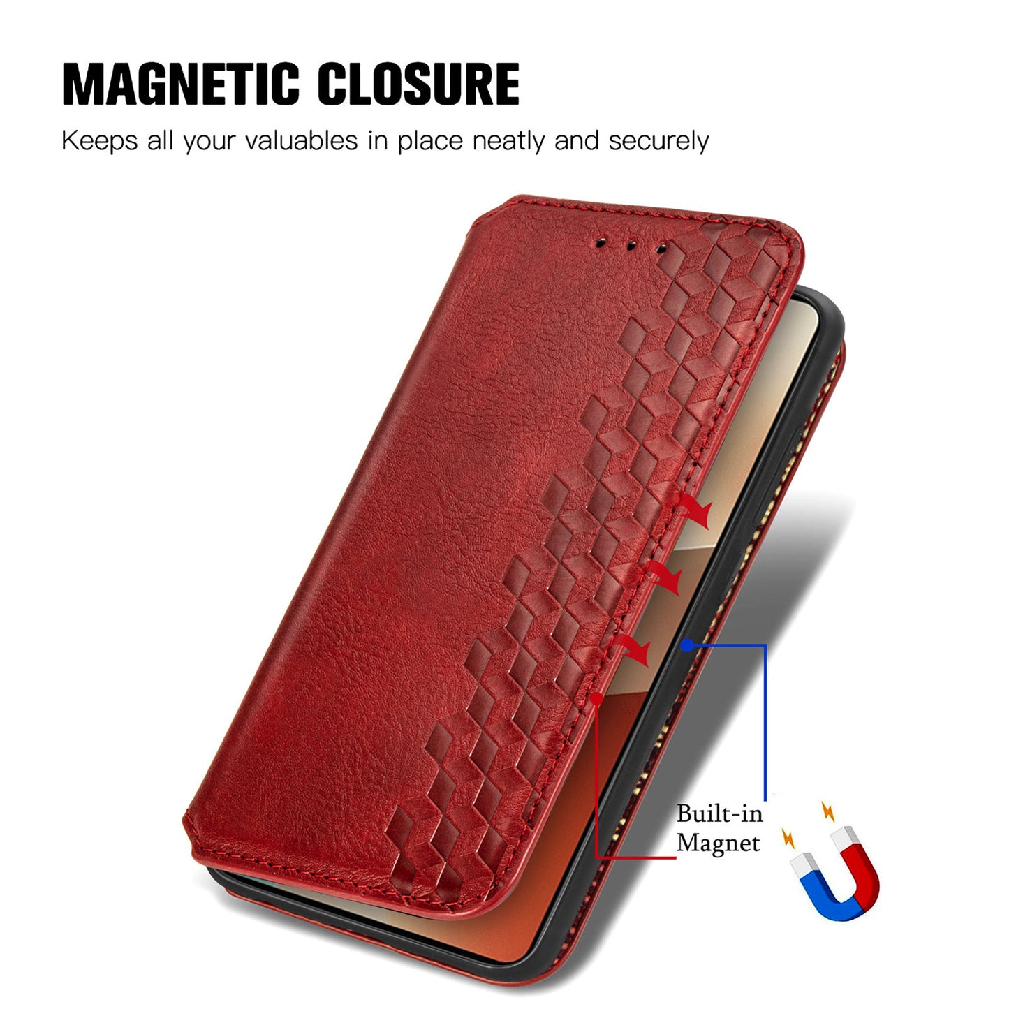 For Xiaomi Redmi Note 13 Pro 5G / Poco X6 5G Magnetic Case Card Holder Rhombus Imprinted Phone Cover - Red