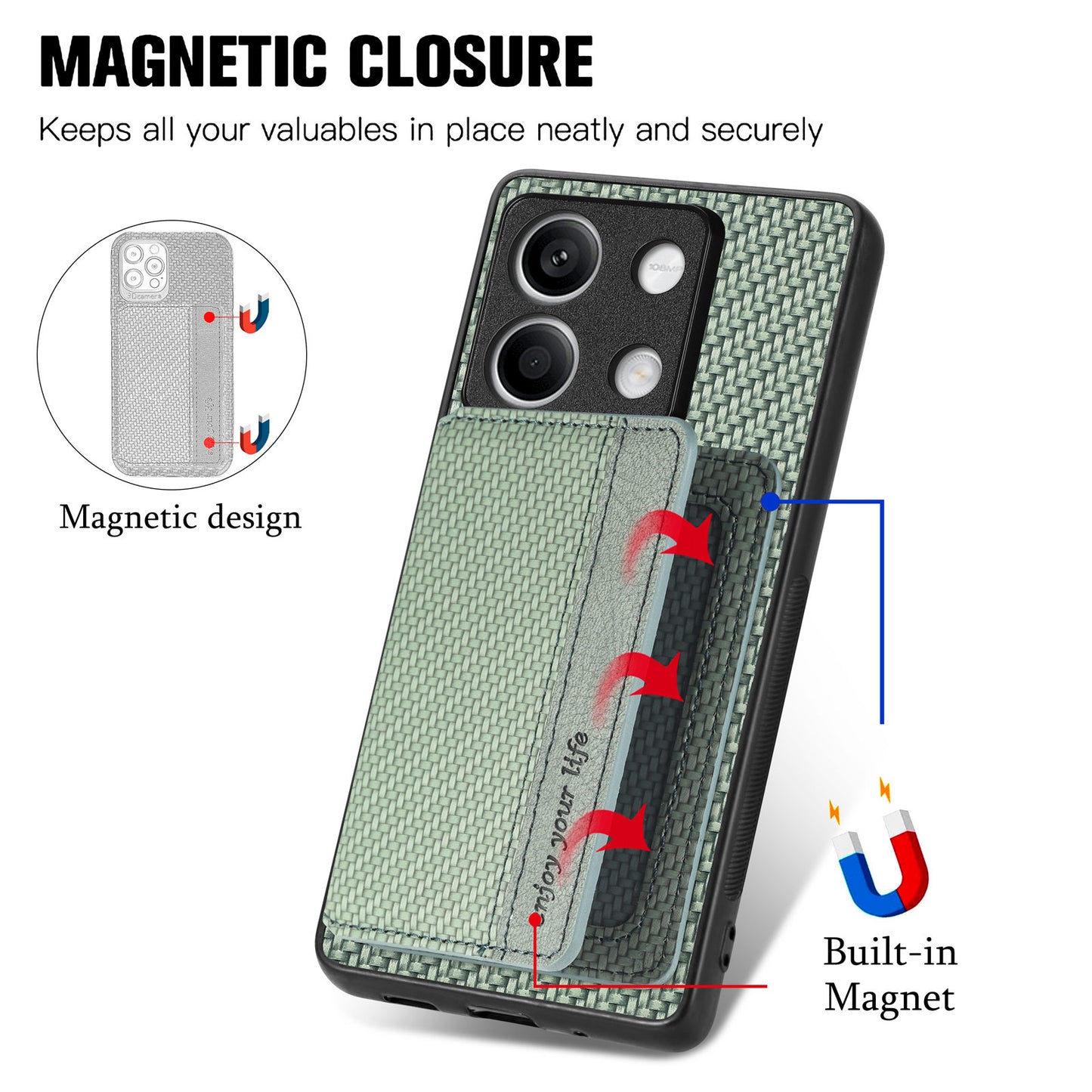 For Xiaomi Redmi Note 13 5G Case Carbon Fiber Texture PU Leather Coated PC+TPU Phone Shell - Green