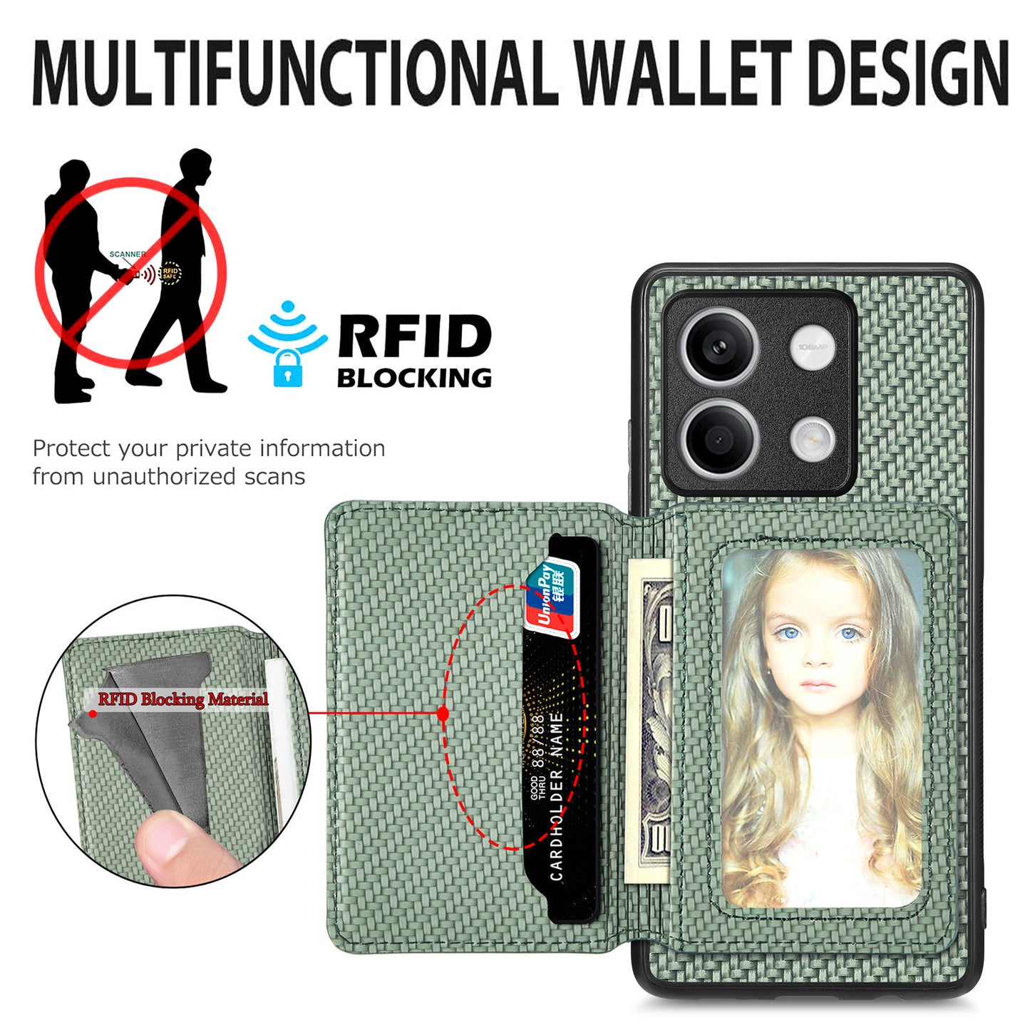 For Xiaomi Redmi Note 13 5G Case Carbon Fiber Texture PU Leather Coated PC+TPU Phone Shell - Green