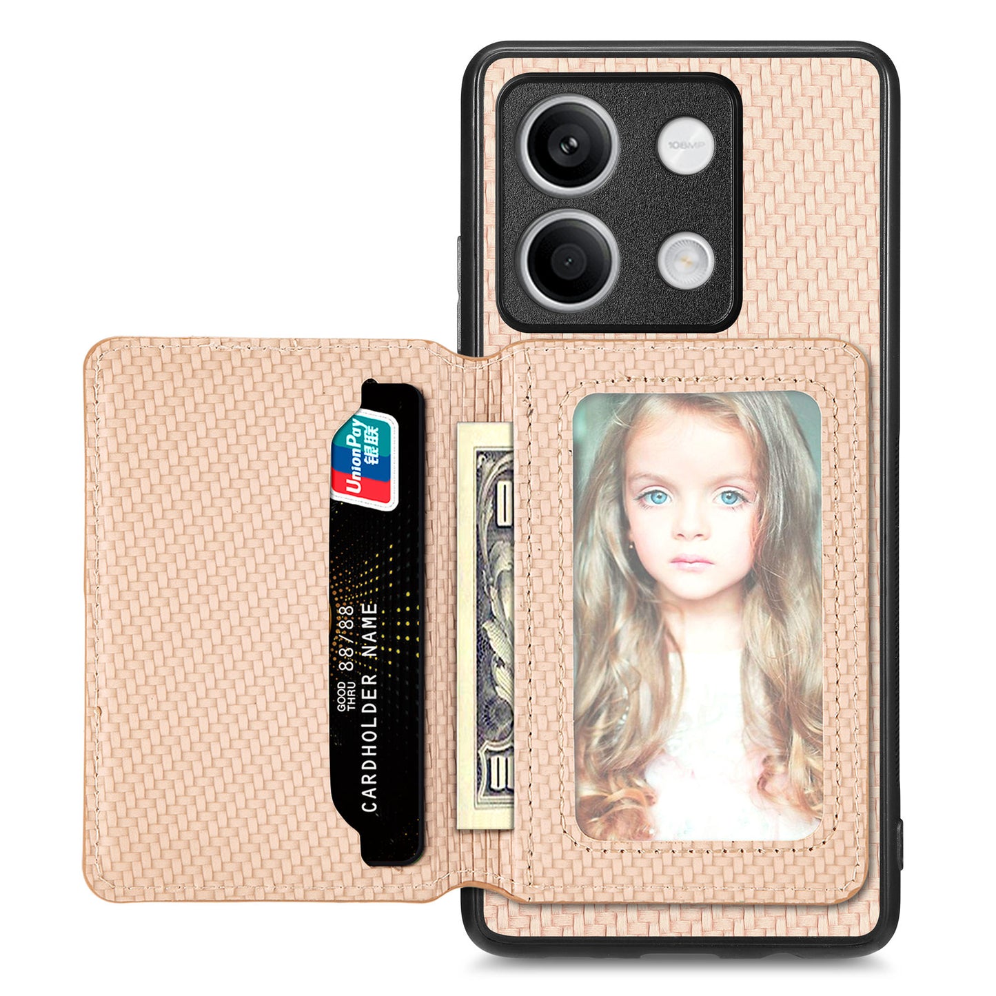 For Xiaomi Redmi Note 13 5G Case Carbon Fiber Texture PU Leather Coated PC+TPU Phone Shell - Khaki