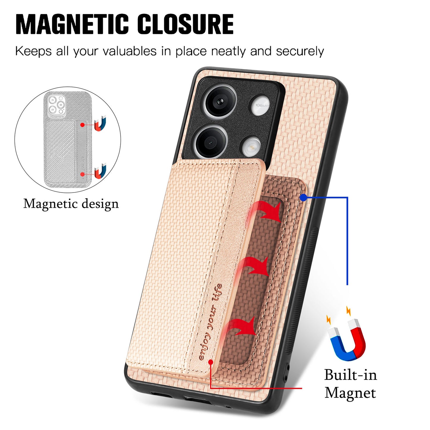 For Xiaomi Redmi Note 13 5G Case Carbon Fiber Texture PU Leather Coated PC+TPU Phone Shell - Khaki