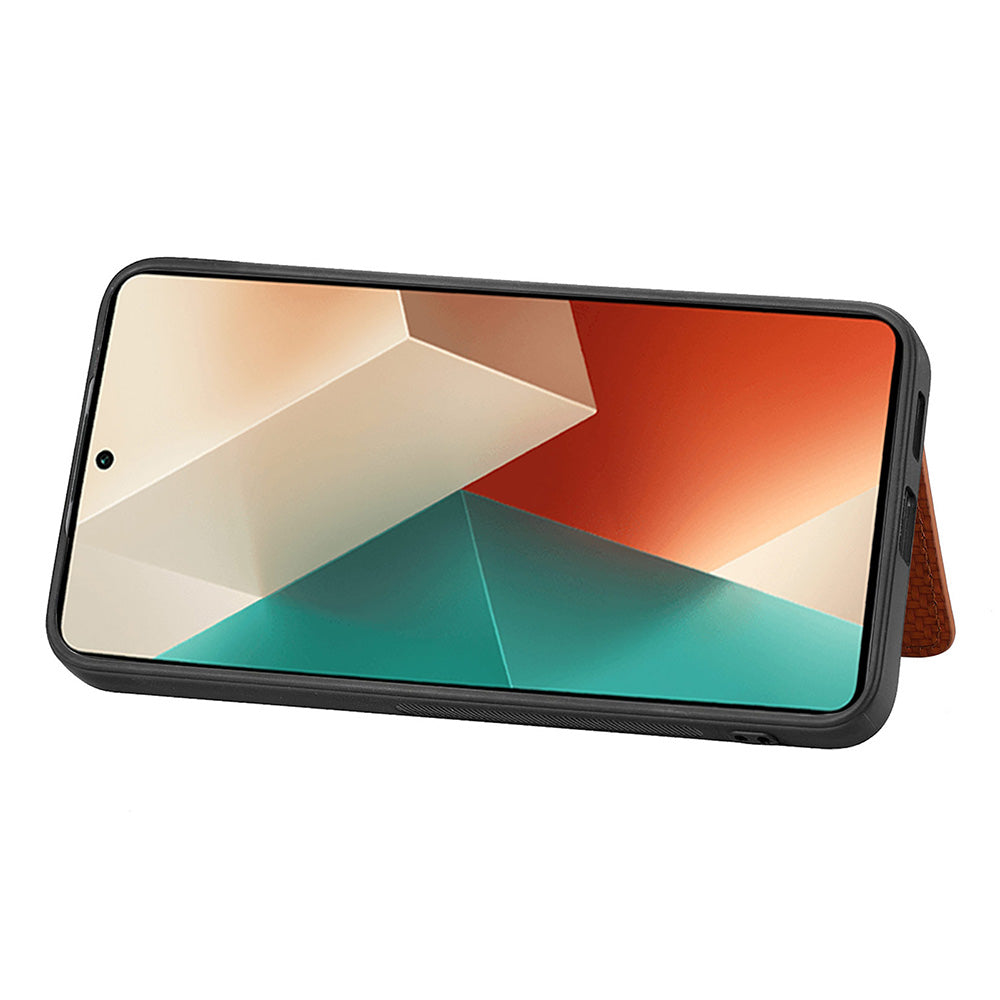 For Xiaomi Redmi Note 13 5G Case Carbon Fiber Texture PU Leather Coated PC+TPU Phone Shell - Khaki