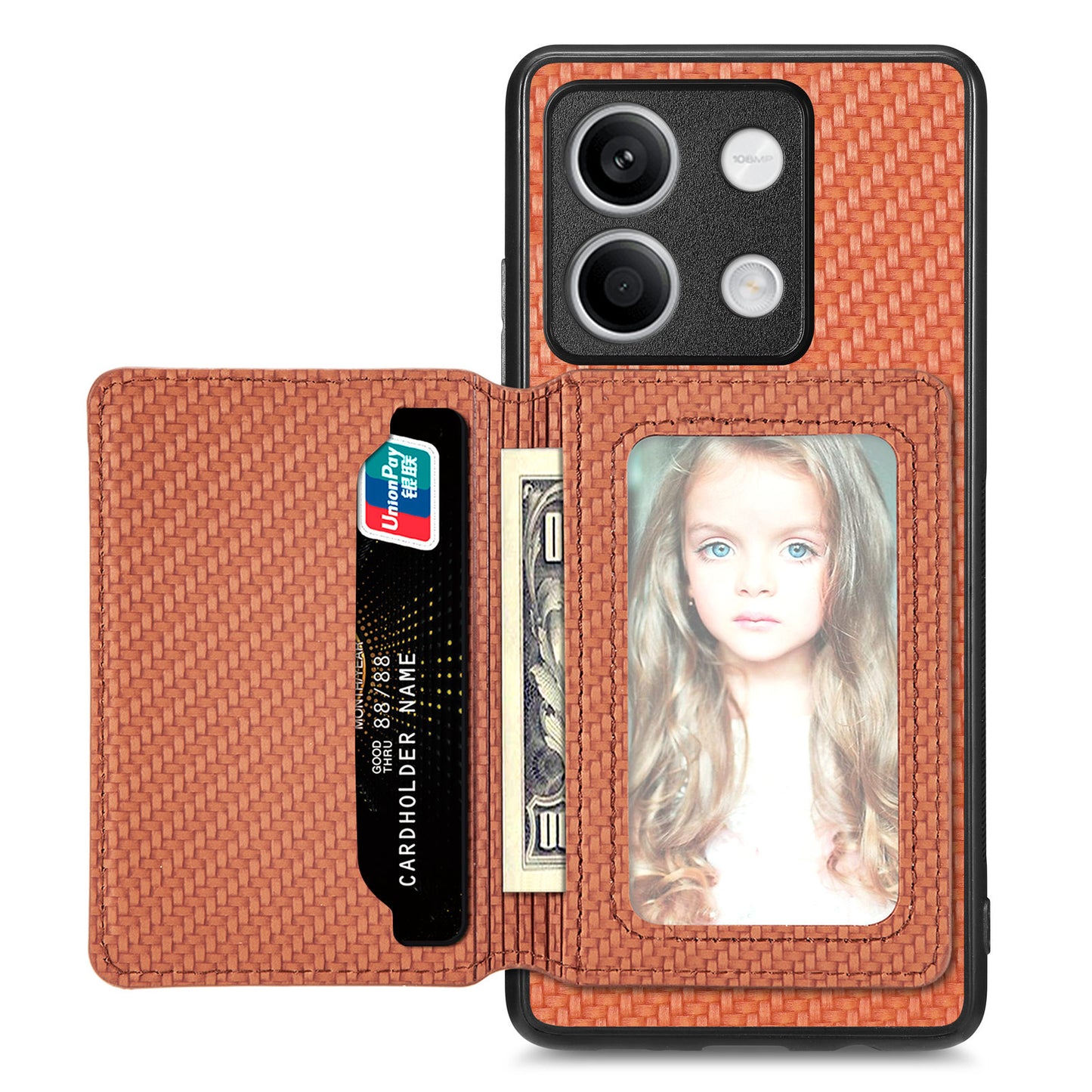 For Xiaomi Redmi Note 13 5G Case Carbon Fiber Texture PU Leather Coated PC+TPU Phone Shell - Brown