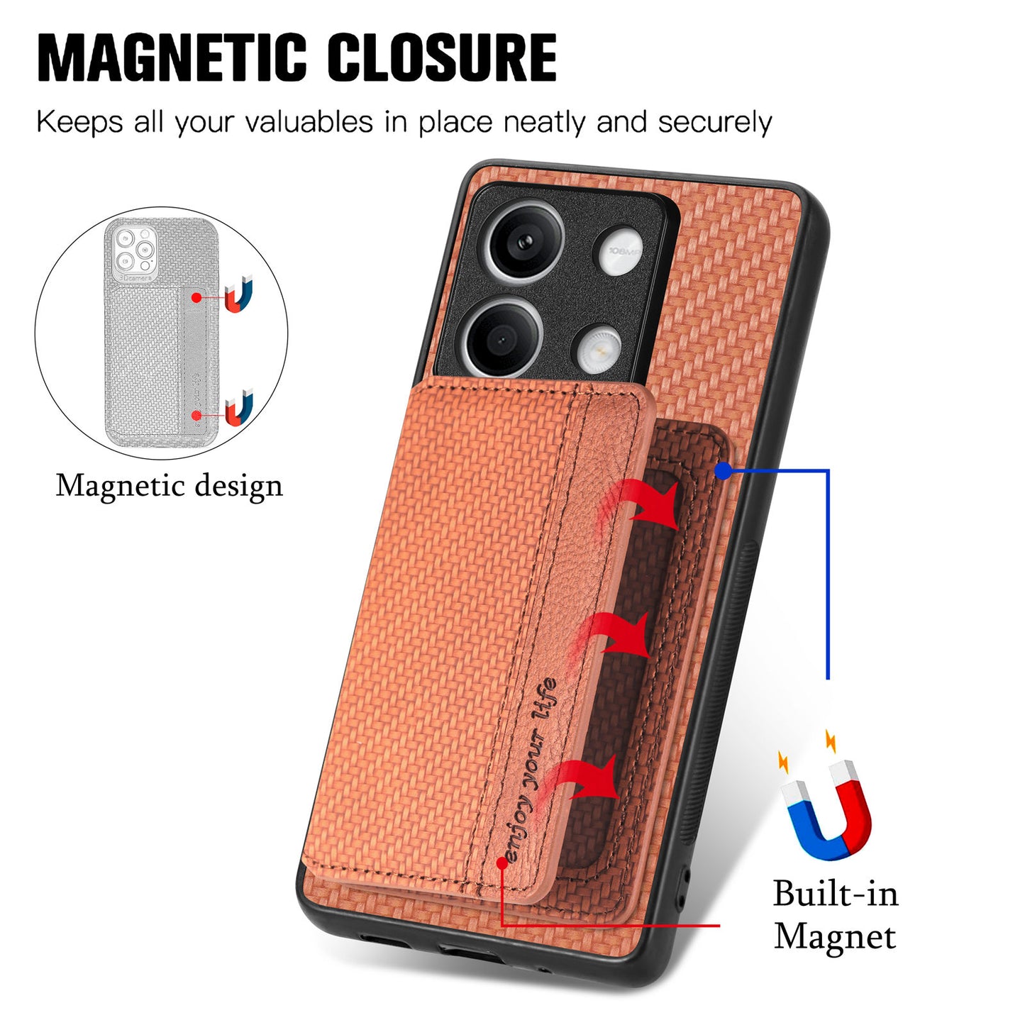 For Xiaomi Redmi Note 13 5G Case Carbon Fiber Texture PU Leather Coated PC+TPU Phone Shell - Brown