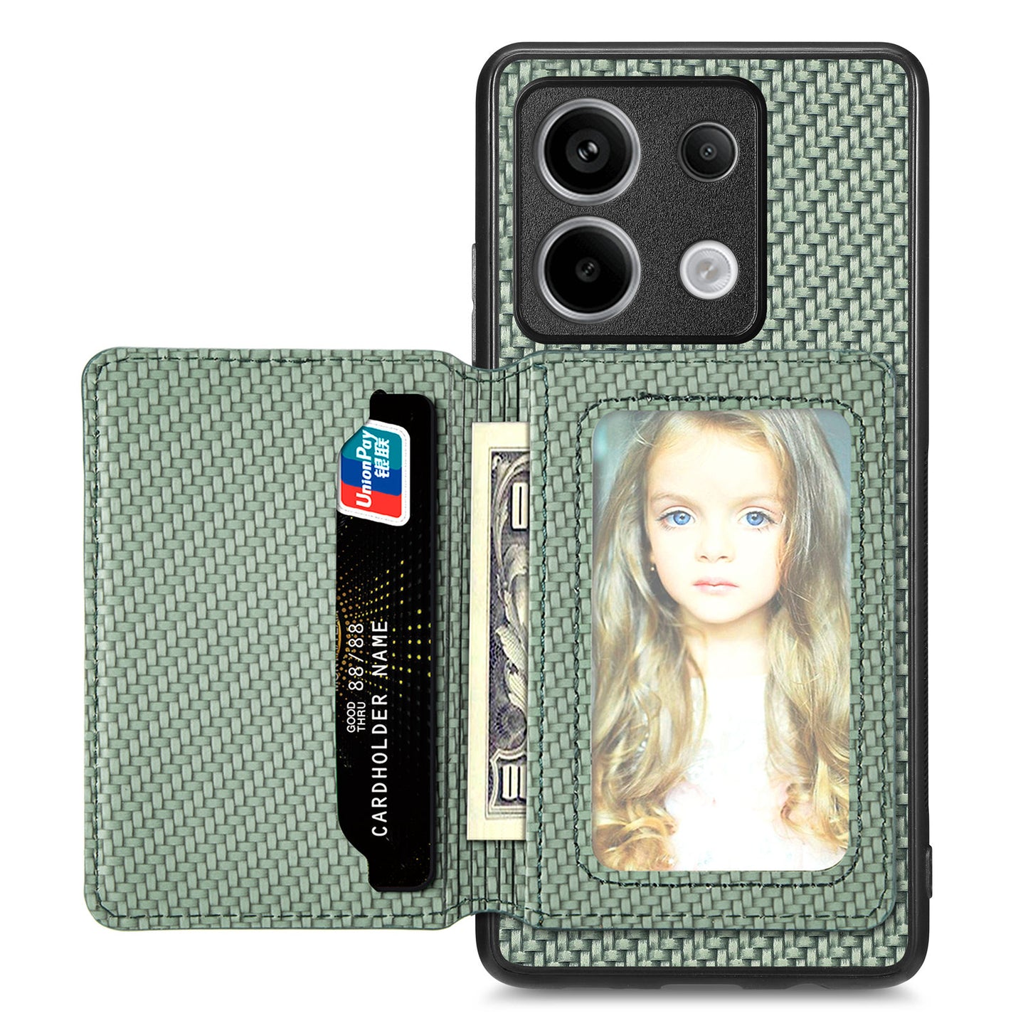 For Xiaomi Redmi Note 13 Pro 5G / Poco X6 5G Case Slim-Fit Kickstand Carbon Fiber Texture Protective Shell - Green